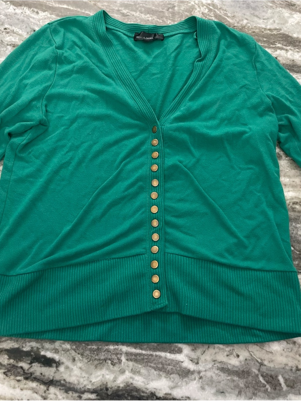 Bella Jane Green Cardigan Large Snap Button V Neck Lightweight Sweater